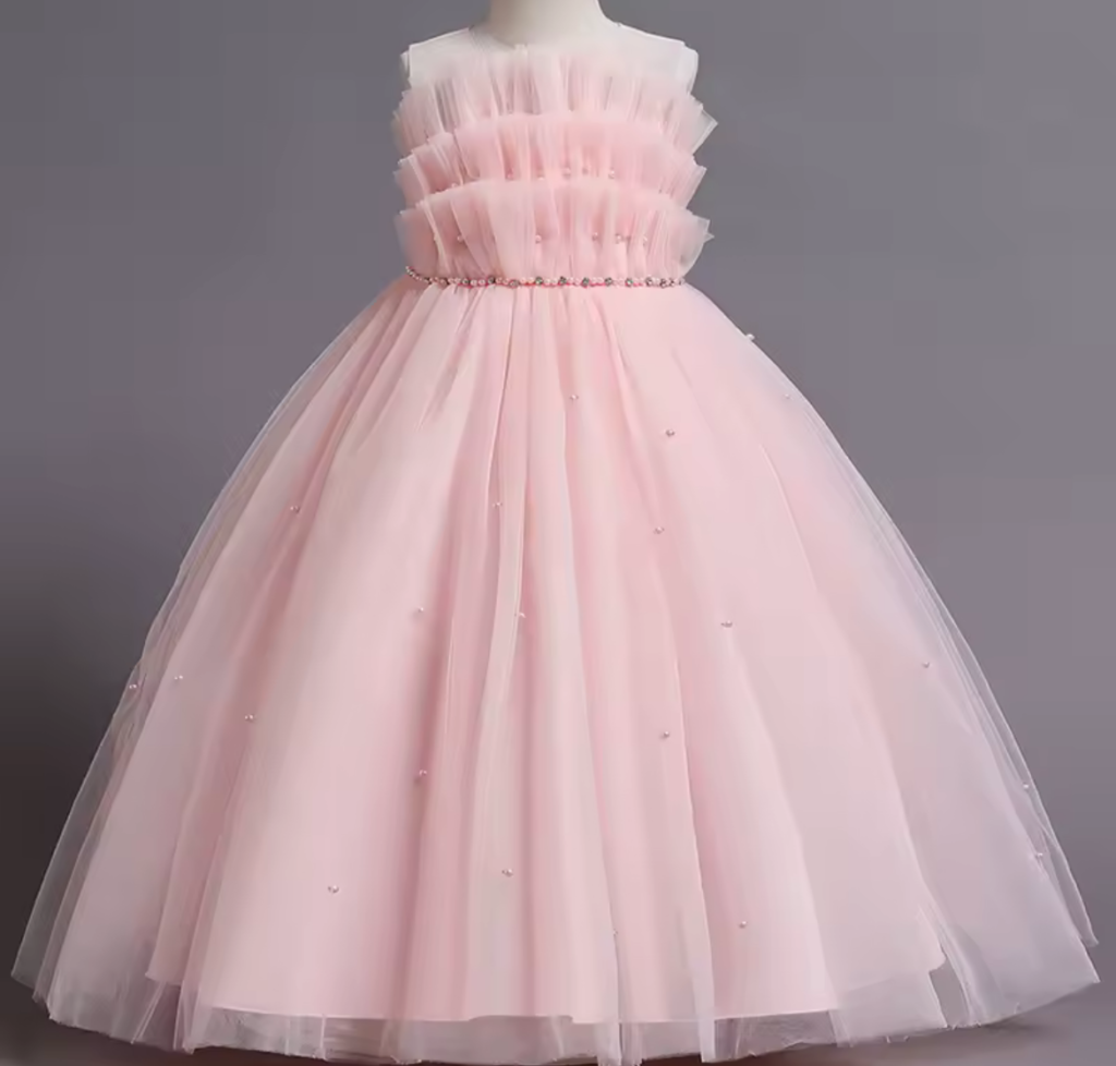 Vestido Rosa Largo de Tul con Perlas