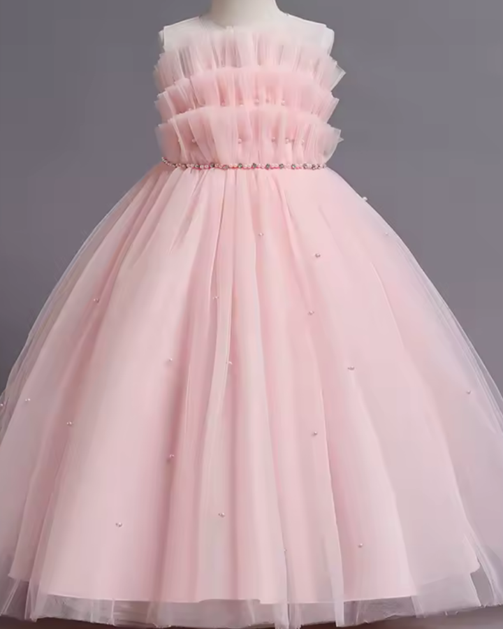 Vestido Rosa Largo de Tul con Perlas