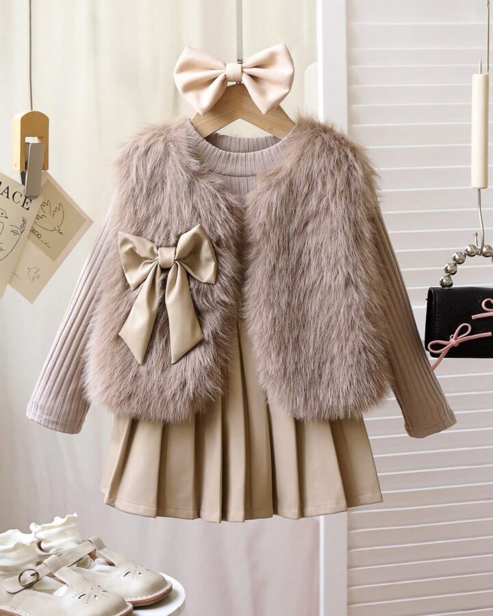 Conjunto Chaleco Peluche & Falda Plisada (3piezas)