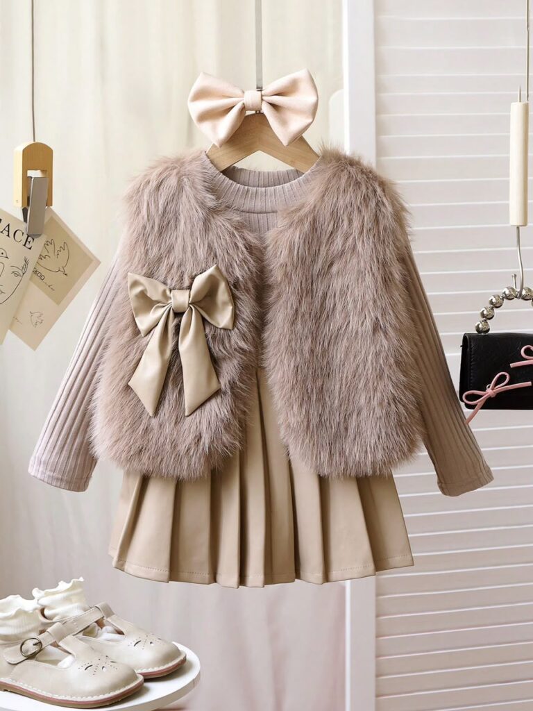 Conjunto Chaleco Peluche & Falda Plisada (3piezas)